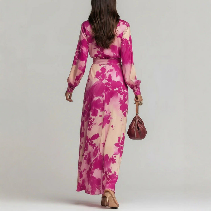 Chiffon Maxi Dress Womens Floral Long Lantern Sleeve Deep V Neck - image 3