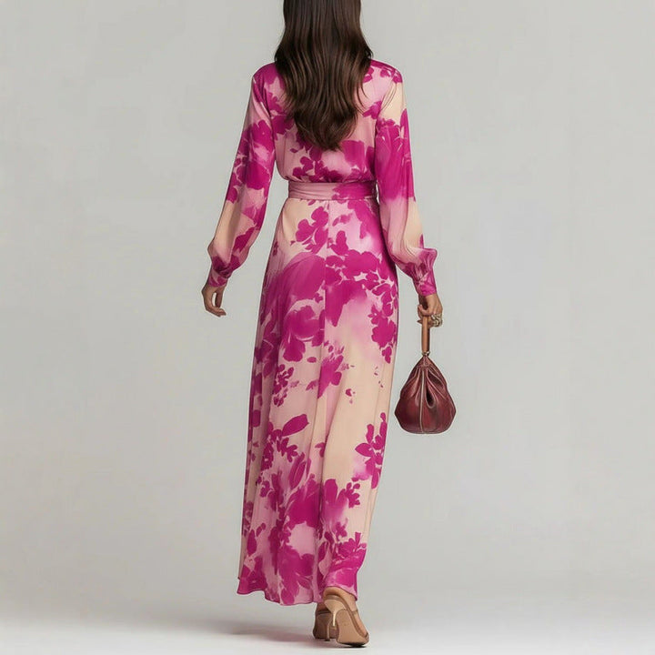 Chiffon Maxi Dress Womens Floral Long Lantern Sleeve Deep V Neck - image 3