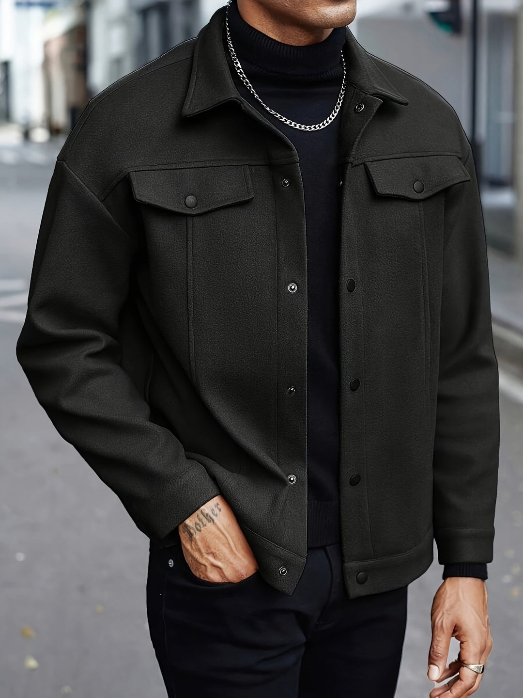 Trucker Jacket Mens Wool Look Snap Button Front Flap Chest Pockets Point Collar Relaxed Fit - image 6