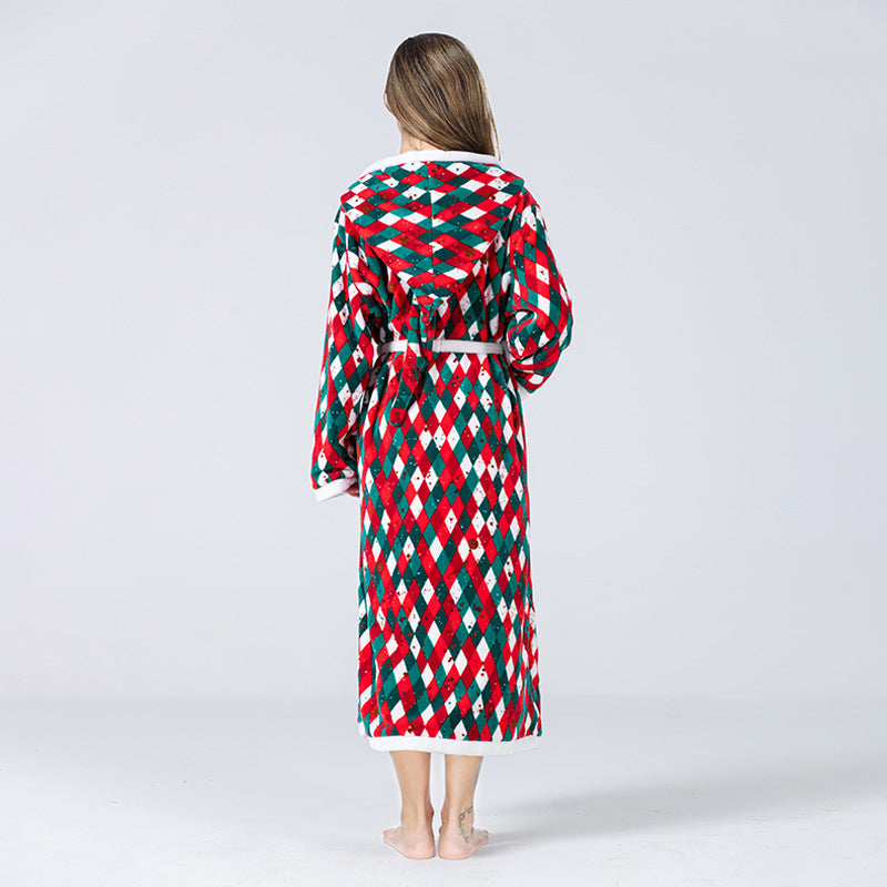 Christmas Dressing Gown Womens Hooded Long Robe Tie Waist Festive Print - image 6