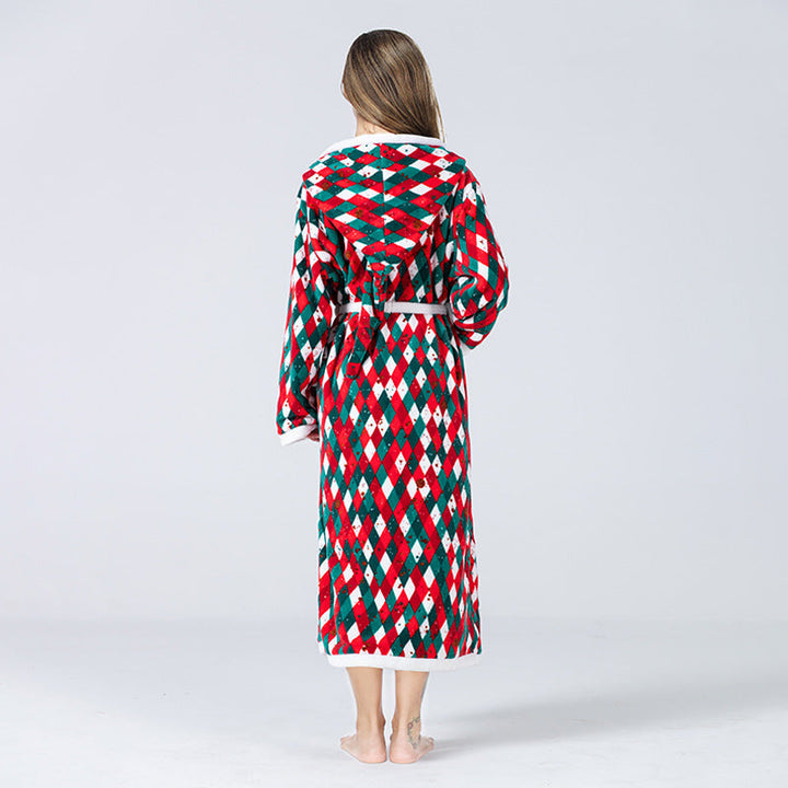 Christmas Dressing Gown Womens Hooded Long Robe Tie Waist Festive Print - image 6