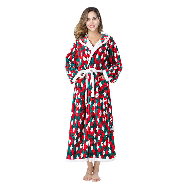 Christmas Dressing Gown Womens Hooded Long Robe Tie Waist Festive Print - image 3