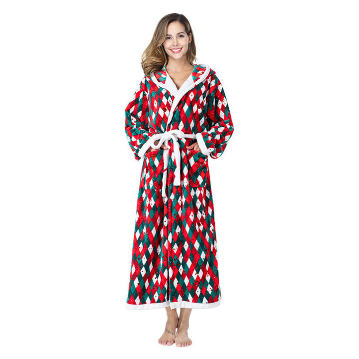 Christmas Dressing Gown Womens Hooded Long Robe Tie Waist Festive Print - image 3