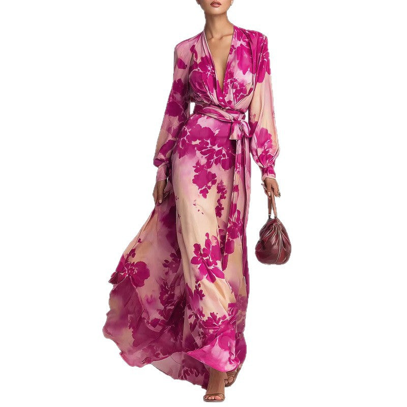 Chiffon Maxi Dress Womens Floral Long Lantern Sleeve Deep V Neck - image 6