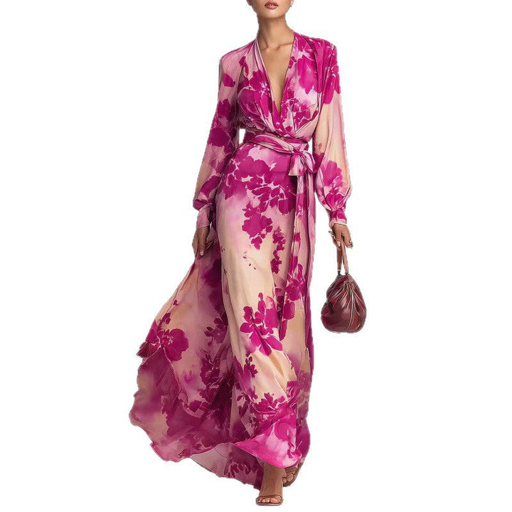 Chiffon Maxi Dress Womens Floral Long Lantern Sleeve Deep V Neck - image 6