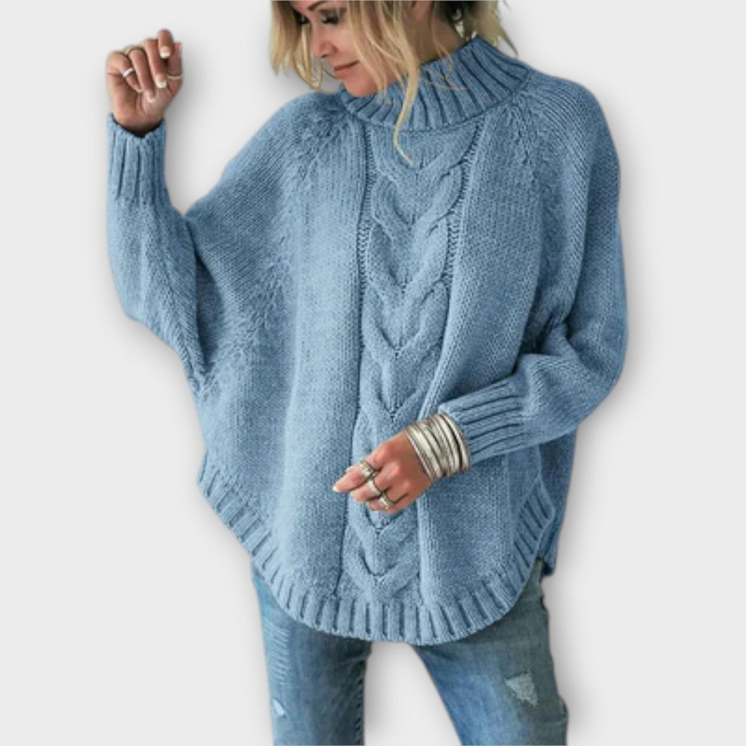 Cable Knit Jumper Womens Batwing Sleeve Funnel Neck Chunky Curved Hem - image 1
