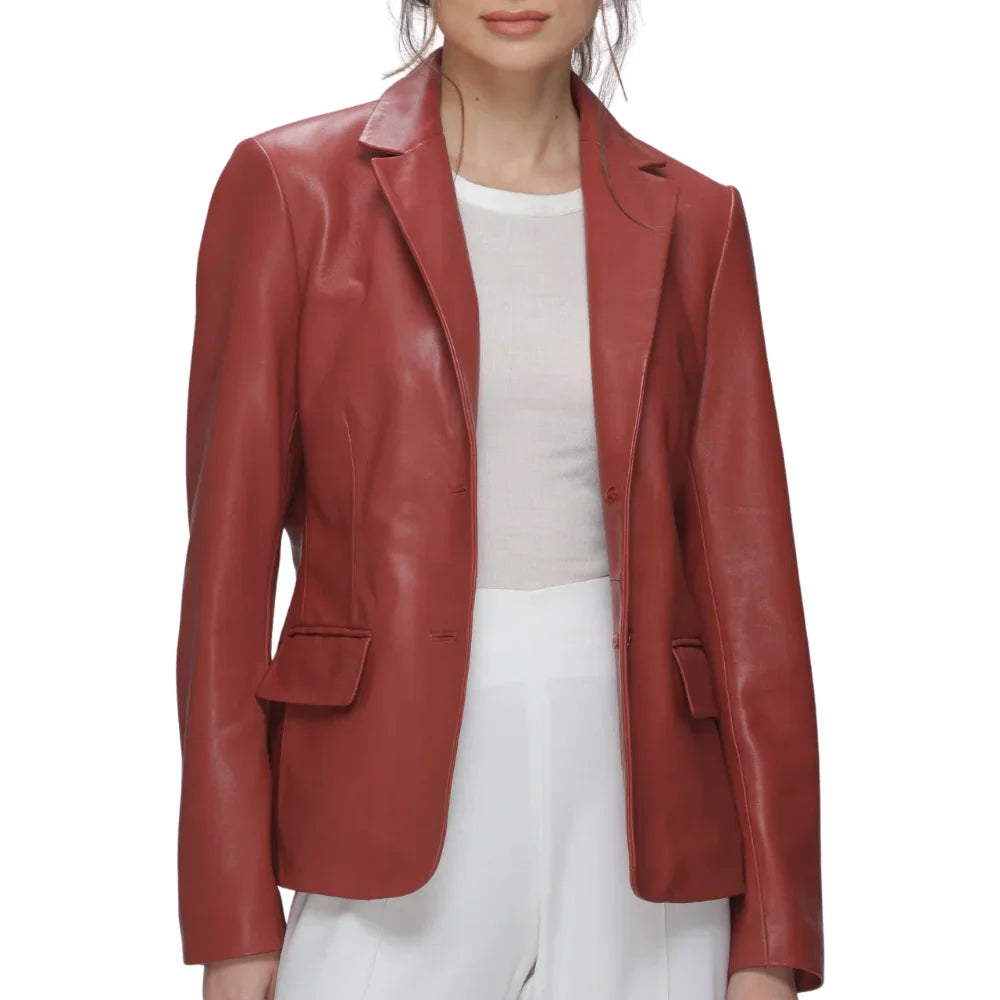 Leather Blazer Womens Notch Lapel Single Button Flap Pockets - image 1