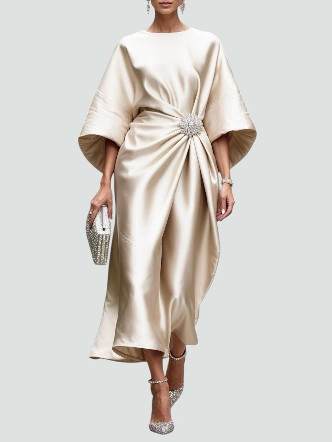 Satin Midi Dress Womens Batwing Sleeve Ruched Waist Embellished Brooch Evening Occasion - image 6