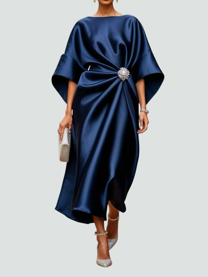 Satin Midi Dress Womens Batwing Sleeve Ruched Waist Embellished Brooch Evening Occasion - image 1