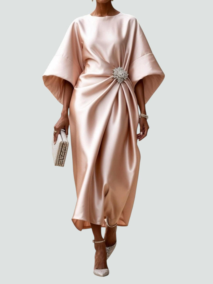 Satin Midi Dress Womens Batwing Sleeve Ruched Waist Embellished Brooch Evening Occasion - image 5