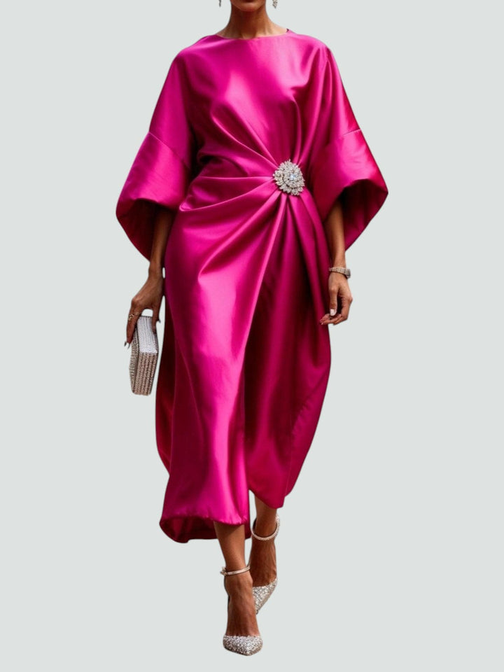 Satin Midi Dress Womens Batwing Sleeve Ruched Waist Embellished Brooch Evening Occasion - image 4