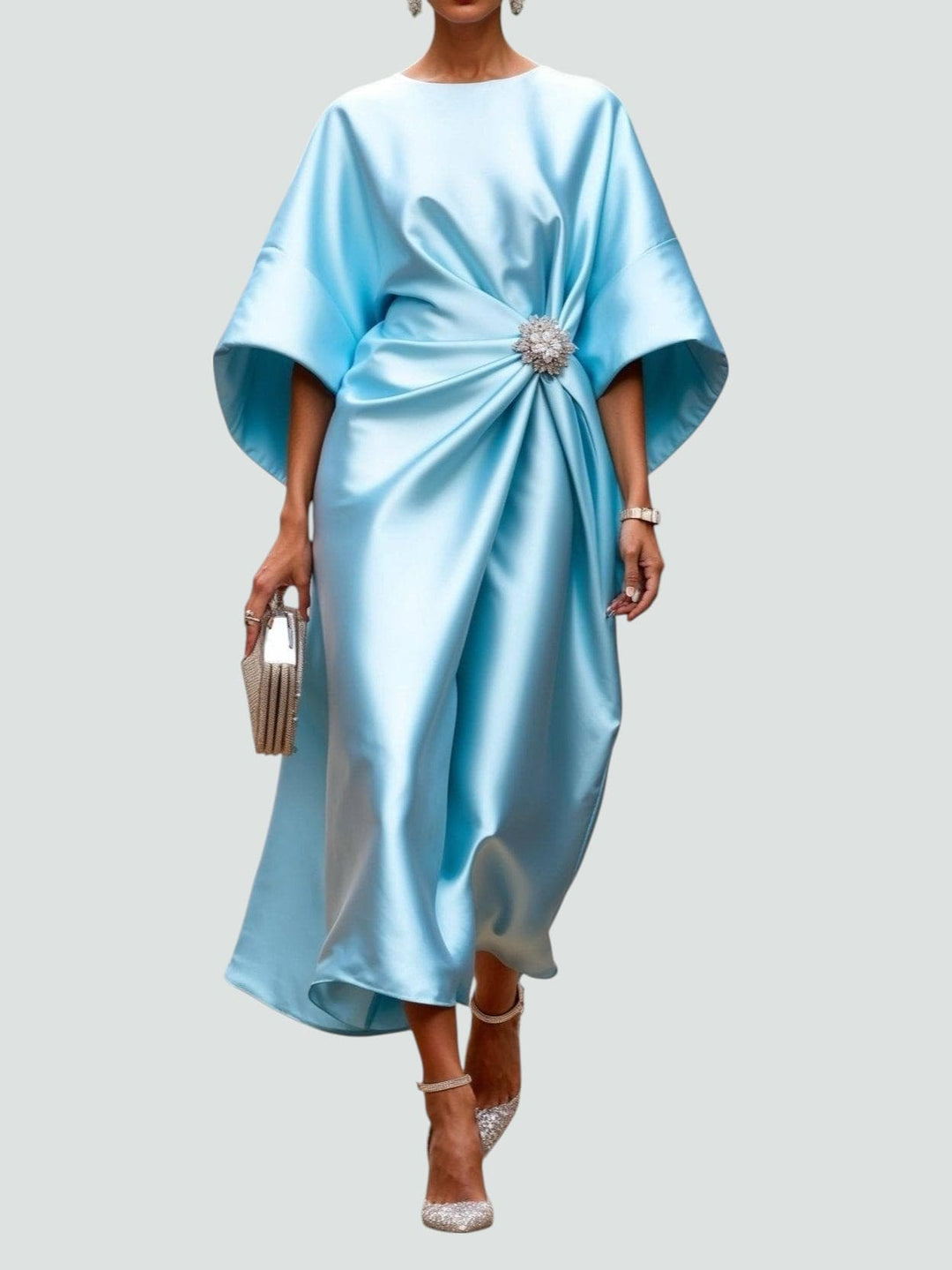 Satin Midi Dress Womens Batwing Sleeve Ruched Waist Embellished Brooch Evening Occasion - image 3