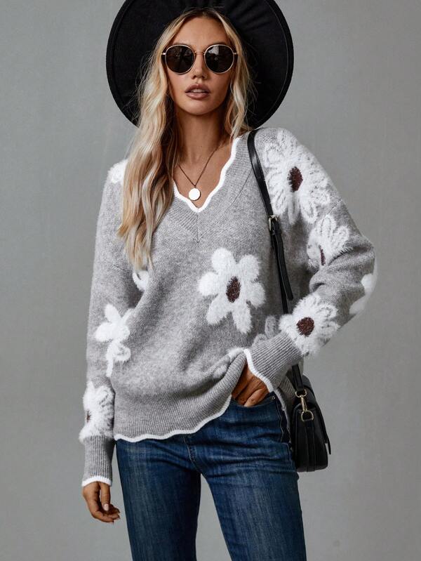 Floral Jumper Womens V Neck Knit Flower Pattern Scalloped Trim - image 5