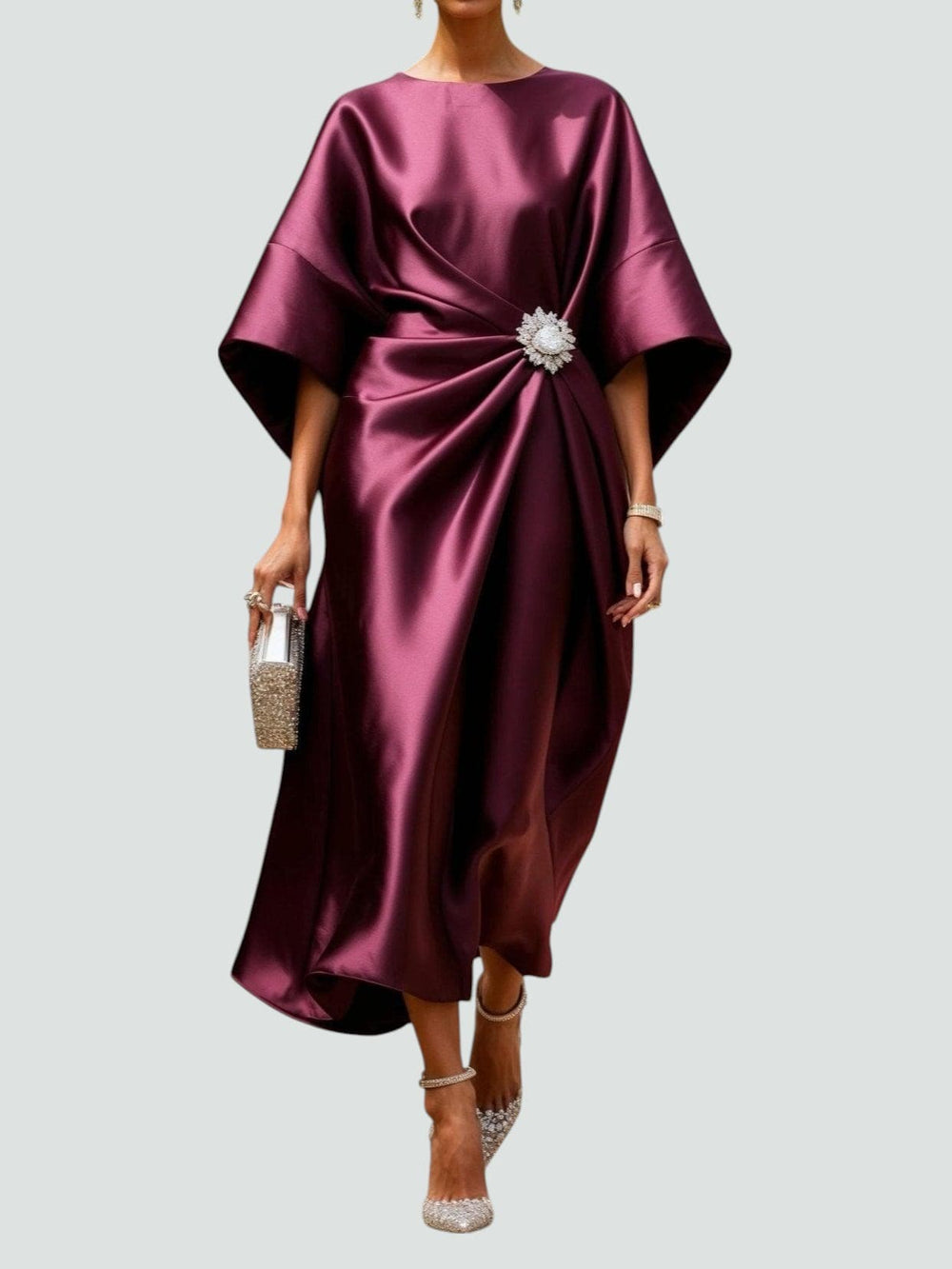 Satin Midi Dress Womens Batwing Sleeve Ruched Waist Embellished Brooch Evening Occasion - image 2