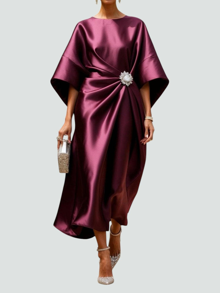 Satin Midi Dress Womens Batwing Sleeve Ruched Waist Embellished Brooch Evening Occasion - image 2