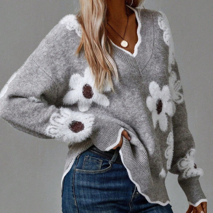 Floral Jumper Womens V Neck Knit Flower Pattern Scalloped Trim - image 3