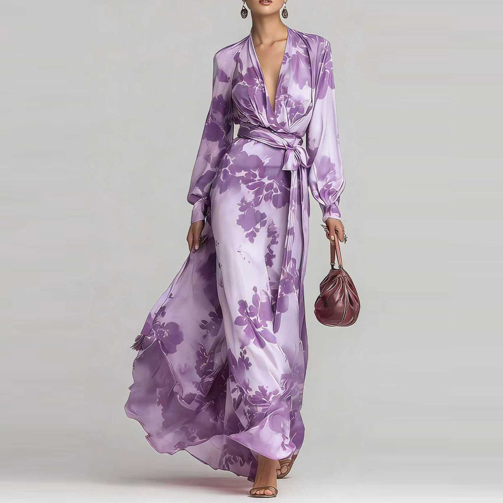 Chiffon Maxi Dress Womens Floral Long Lantern Sleeve Deep V Neck - image 9