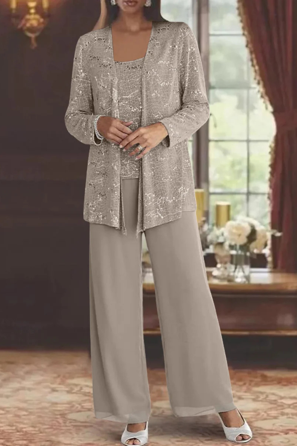 Three Piece Set Womens Sequin Cardigan Top Wide Leg Trousers