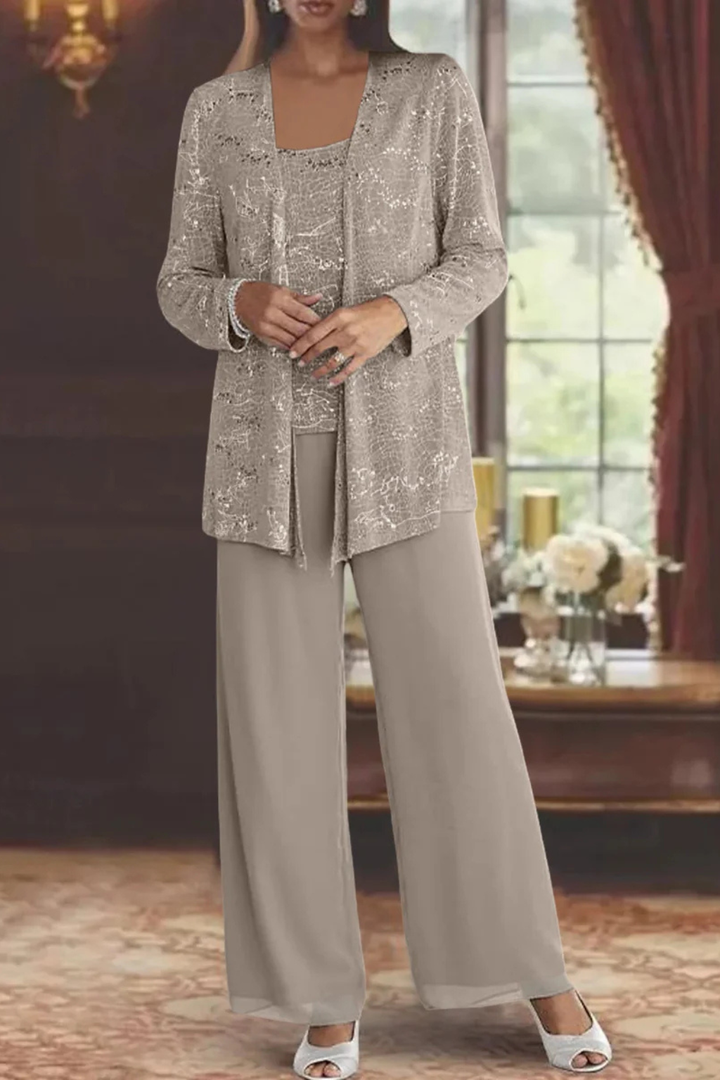 Three Piece Set Womens Sequin Cardigan Top Wide Leg Trousers