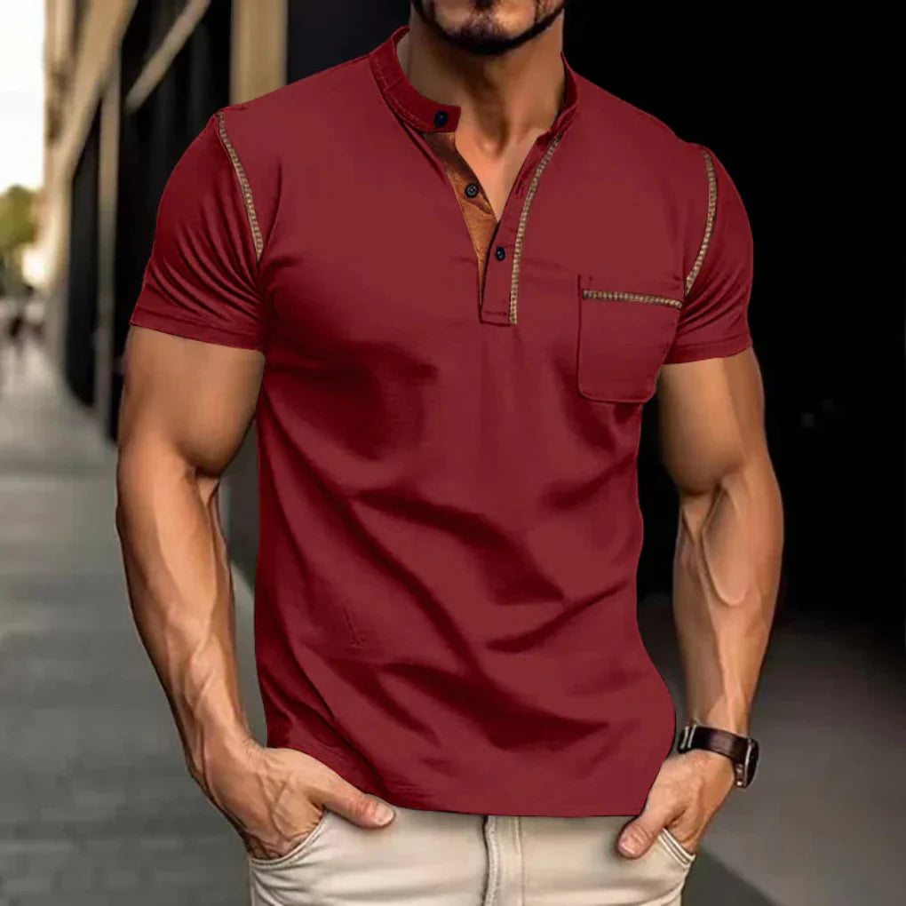 Henley T-Shirt Mens Short Sleeve Grandad Collar Chest Pocket Contrast Stitch - image 3