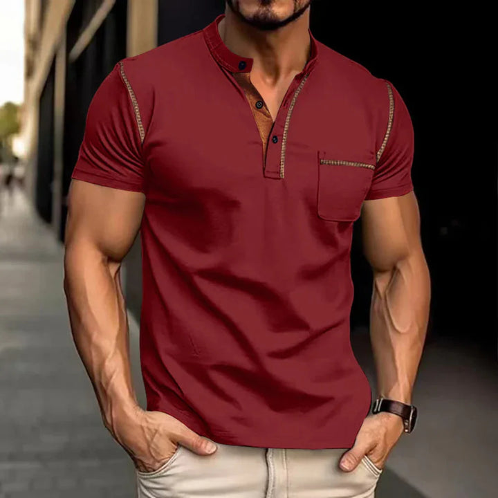 Henley T-Shirt Mens Short Sleeve Grandad Collar Chest Pocket Contrast Stitch - image 3
