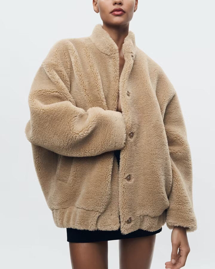 Teddy Jacket Womens Oversized Button Front Stand Collar Ribbed Hem - image 3