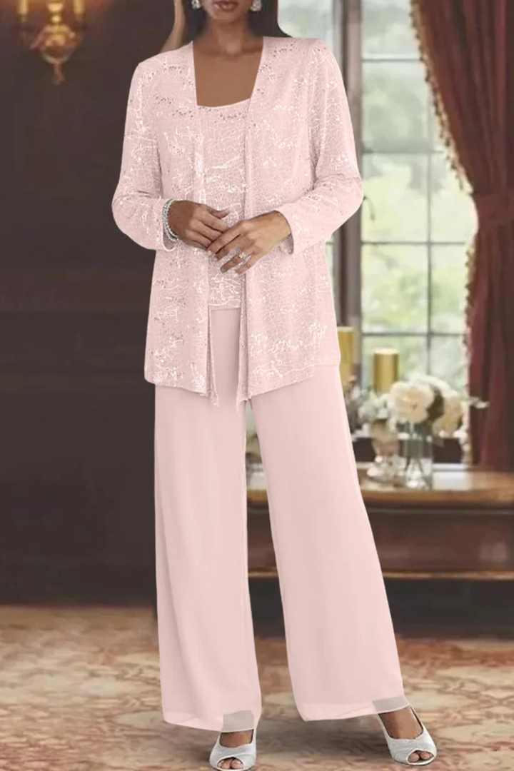 Three Piece Set Womens Sequin Cardigan Top Wide Leg Trousers