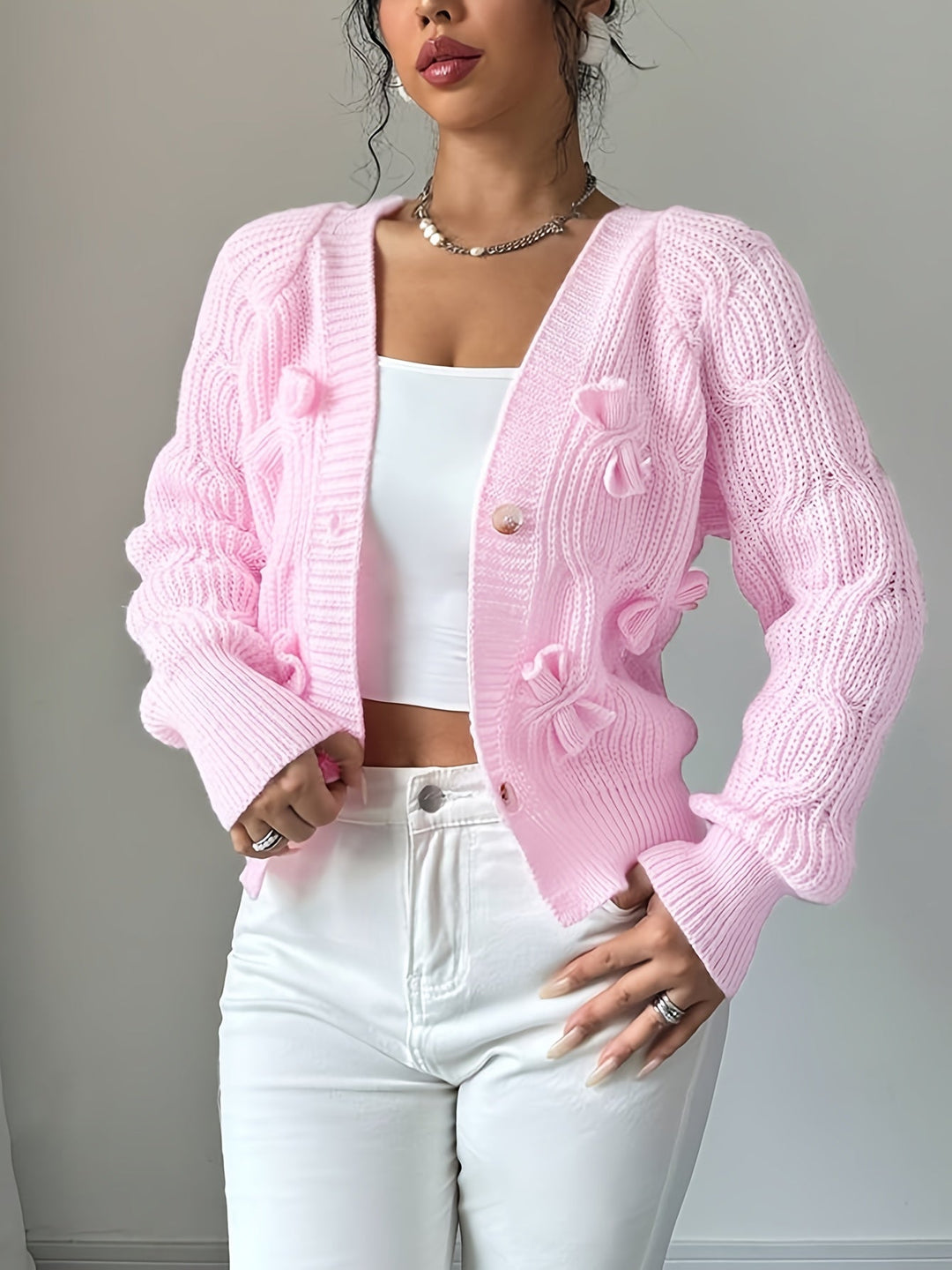 Cropped Cardigan Womens Bow Applique V Neck Button Front Pearl Look Buttons - image 9