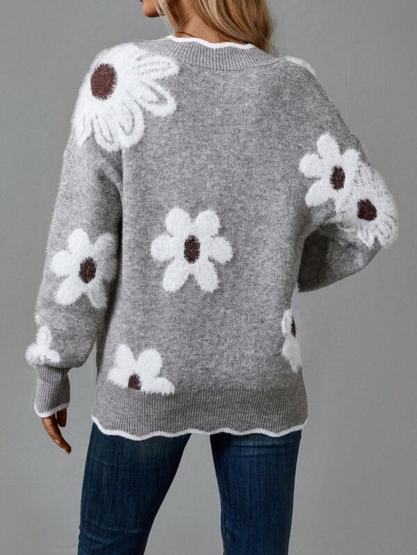 Floral Jumper Womens V Neck Knit Flower Pattern Scalloped Trim - image 4