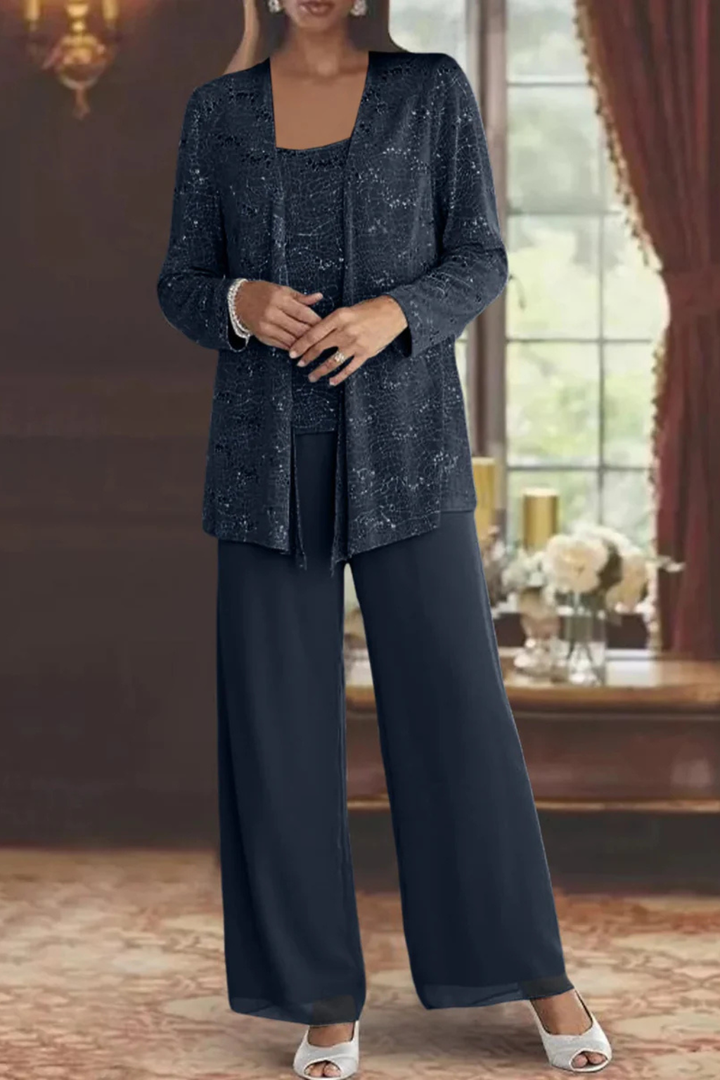 Three Piece Set Womens Sequin Cardigan Top Wide Leg Trousers