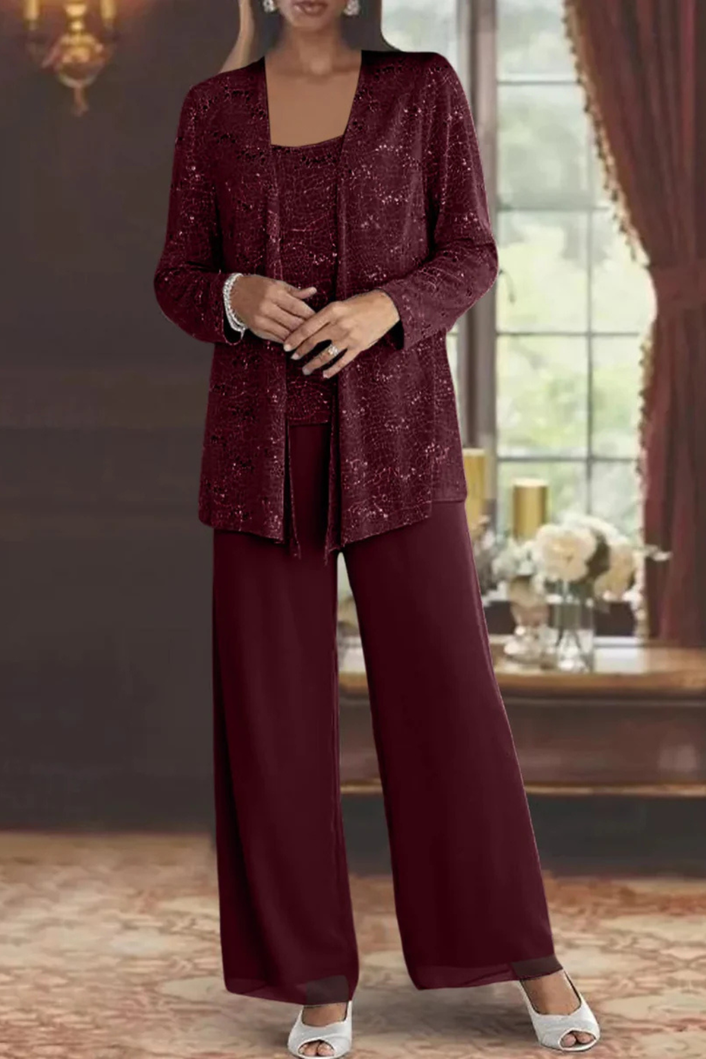 Three Piece Set Womens Sequin Cardigan Top Wide Leg Trousers