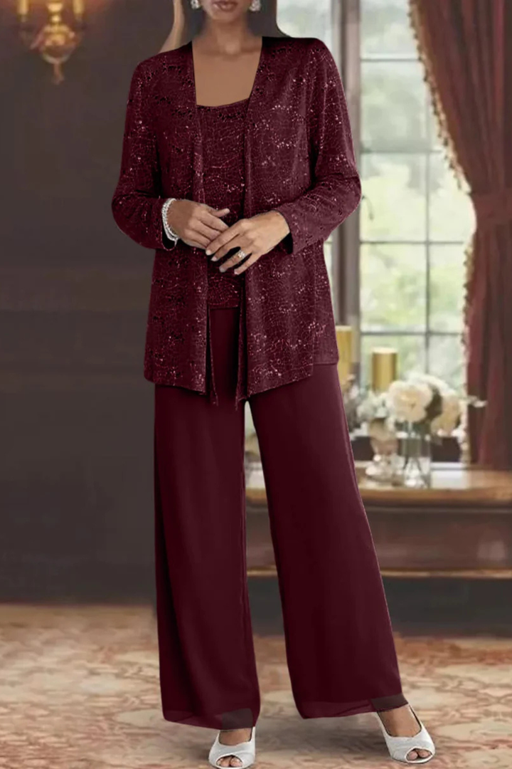Three Piece Set Womens Sequin Cardigan Top Wide Leg Trousers