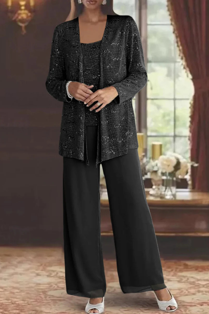 Three Piece Set Womens Sequin Cardigan Top Wide Leg Trousers