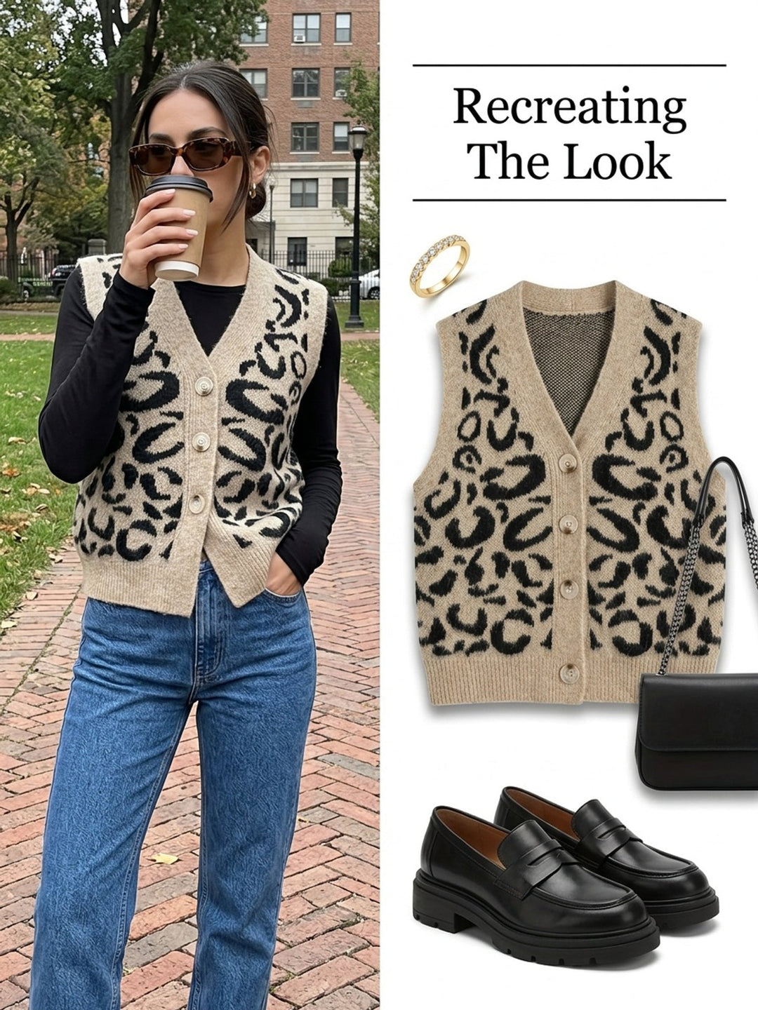 Knit Waistcoat Womens Animal Motif Button Front V Neck Sleeveless Hip Length - image 6