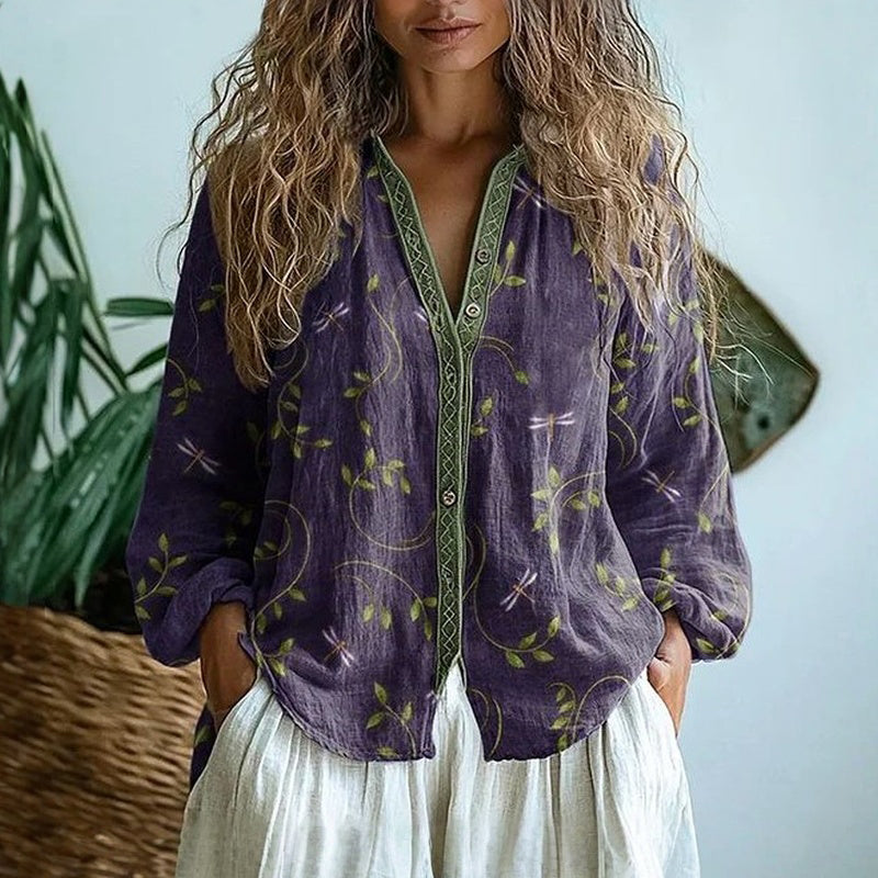 Blouse Womens Floral Print V Neck Button Front Long Sleeve