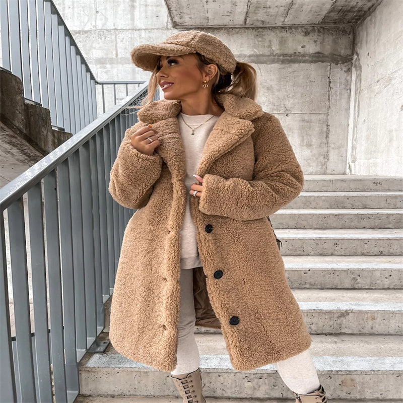 Teddy Coat Womens Notched Collar Button Front Textured Fleece