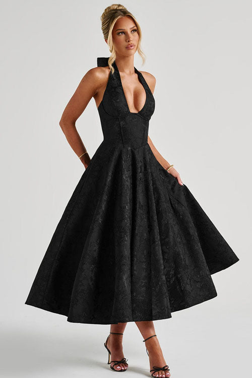 Maxi Dress Womens Halter Neck Deep V Full Skirt Textured Wedding Guest