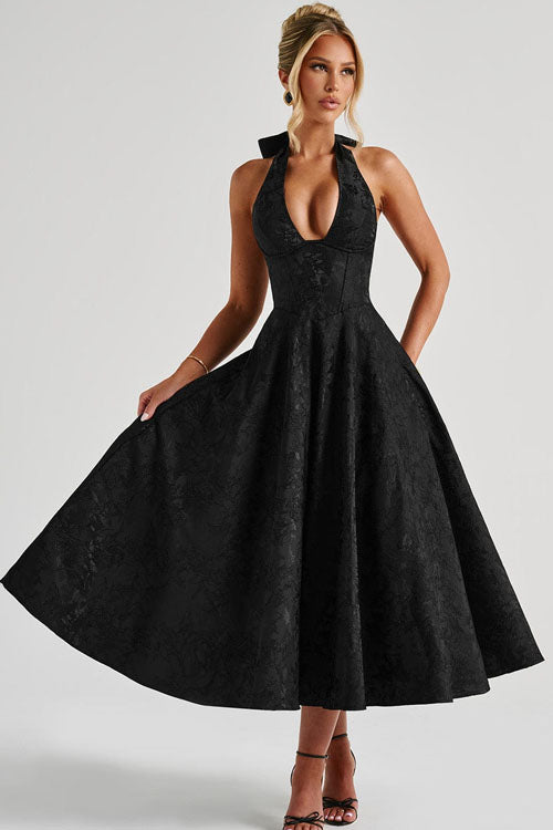 Maxi Dress Womens Halter Neck Deep V Full Skirt Textured Wedding Guest