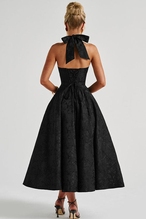 Maxi Dress Womens Halter Neck Deep V Full Skirt Textured Wedding Guest