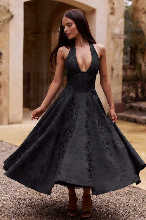 Maxi Dress Womens Halter Neck Deep V Full Skirt Textured Wedding Guest