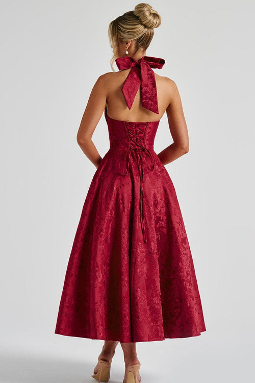 Maxi Dress Womens Halter Neck Deep V Full Skirt Textured Wedding Guest
