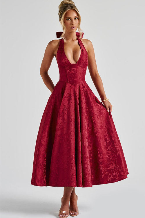 Maxi Dress Womens Halter Neck Deep V Full Skirt Textured Wedding Guest