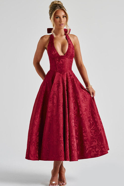 Maxi Dress Womens Halter Neck Deep V Full Skirt Textured Wedding Guest