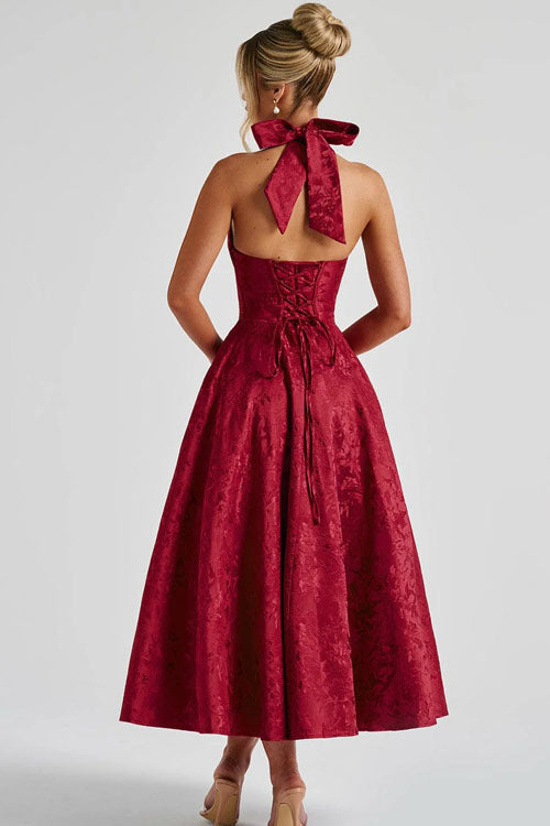 Maxi Dress Womens Halter Neck Deep V Full Skirt Textured Wedding Guest