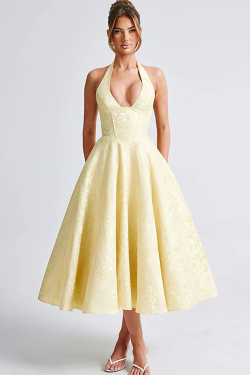 Maxi Dress Womens Halter Neck Deep V Full Skirt Textured Wedding Guest