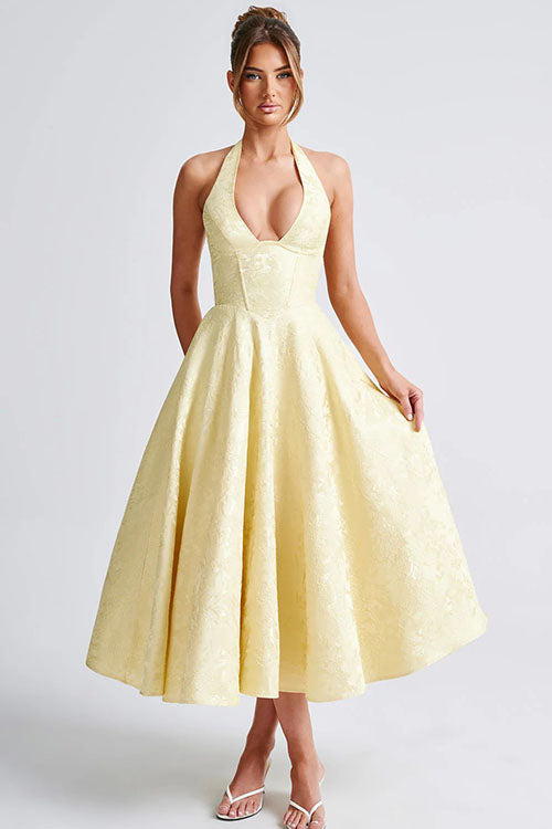 Maxi Dress Womens Halter Neck Deep V Full Skirt Textured Wedding Guest