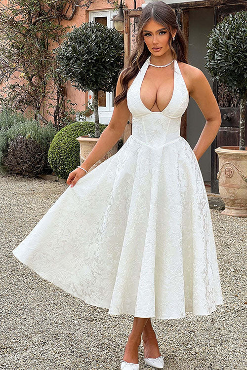 Maxi Dress Womens Halter Neck Deep V Full Skirt Textured Wedding Guest