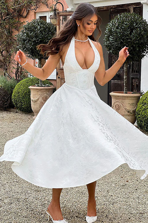 Maxi Dress Womens Halter Neck Deep V Full Skirt Textured Wedding Guest