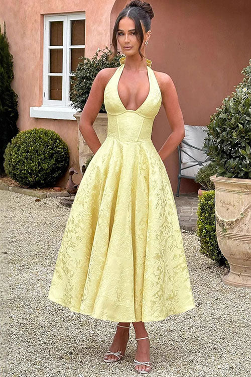 Maxi Dress Womens Halter Neck Deep V Full Skirt Textured Wedding Guest