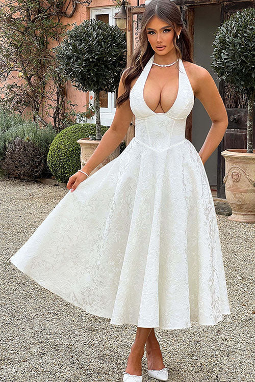 Maxi Dress Womens Halter Neck Deep V Full Skirt Textured Wedding Guest